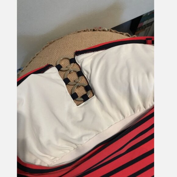 MICHAEL KORS NAVY RED STRIPE ONE PIECE SWIM BATHING SUIT WOMENS SIZE 10 BANDEAU - Picture 11 of 11